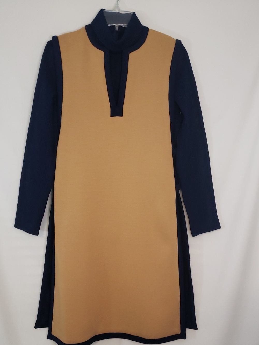 Vintage Butte Knit Sleeveless Camel Shift  Tunic with Navy Trim & Turtleneck